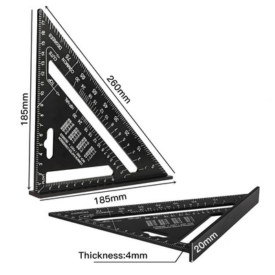 Riglă triunghiulară metrică de 7 inch, aliaj de aluminiu, raportor de unghi, viteză, riglă de măsurare pătrată metrică pentru instrument de dulgher pentru lucrător în lemn