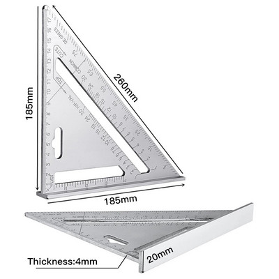 Riglă triunghiulară metrică de 7 inch, aliaj de aluminiu, raportor de unghi, viteză, riglă de măsurare pătrată metrică pentru instrument de dulgher pentru lucrător în lemn