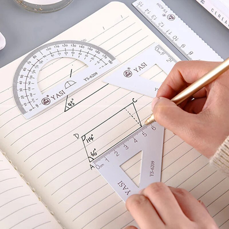 4 gab./komplekts matemātikas komplekti Metāla lineāls Trijstūra lineāls transportētājs ar kastīti skolēnu ģeometrijas komplektiem