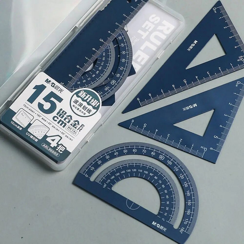 4 bucăți/set M&G set de rigle din aluminiu metal/plastic/geometrie moale matematică desen busolă papetărie rigle matematice pentru școală
