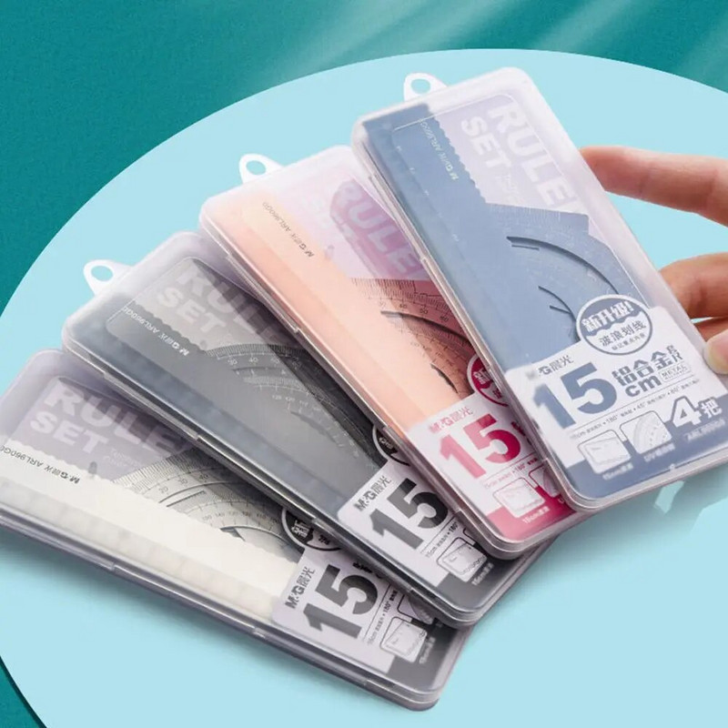 4 bucăți/set M&G set de rigle din aluminiu metal/plastic/geometrie moale matematică desen busolă papetărie rigle matematice pentru școală