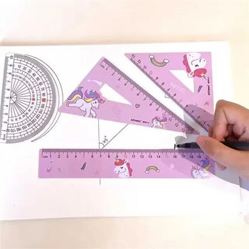 MOTARRO 4 σε 1 χαριτωμένο σετ χαρτικών χάρακα κινουμένων σχεδίων Πολυλειτουργικός Χάρακας συνδυασμού Ροζ Τρίγωνο Σχέδιο μοιρογνωμόνιου