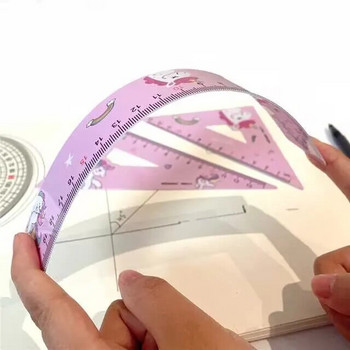 MOTARRO 4 в 1 Комплект канцеларски материали със сладка анимационна линийка Многофункционална комбинирана линийка Чертеж на транспортир с розов триъгълник