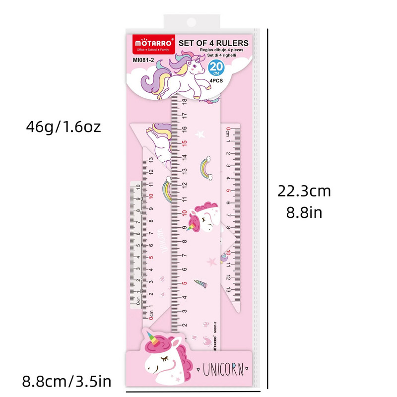 MOTARRO 4 in 1 armas multifunktsionaalne joonlaud - kirjatarvete komplekt Multifunktsionaalne kombineeritud joonlaud, roosa kolmnurga nurgamõõtja joonis