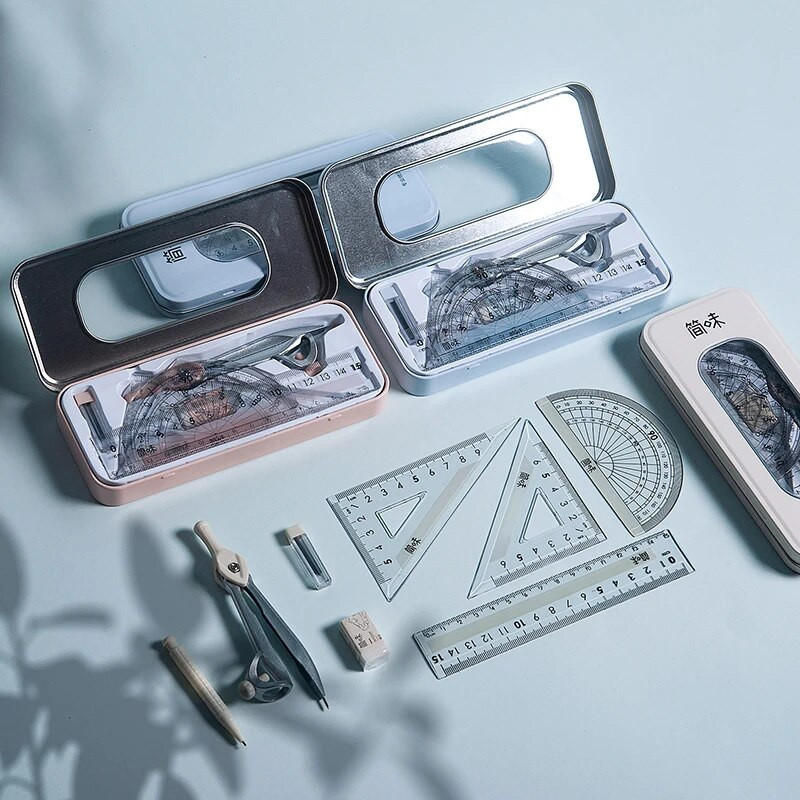 8 vienā kompasa lineālu komplekts Dzelzs kaste, matemātiskā ģeometriskā plāksne, rakstāmpiederumi, matemātika skolēniem, zīmēšana, transportiera piederumi 2291