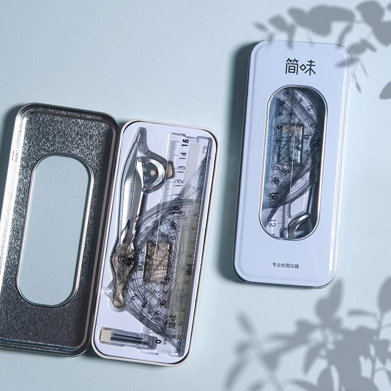 8 vienā kompasa lineālu komplekts Dzelzs kaste, matemātiskā ģeometriskā plāksne, rakstāmpiederumi, matemātika skolēniem, zīmēšana, transportiera piederumi 2291