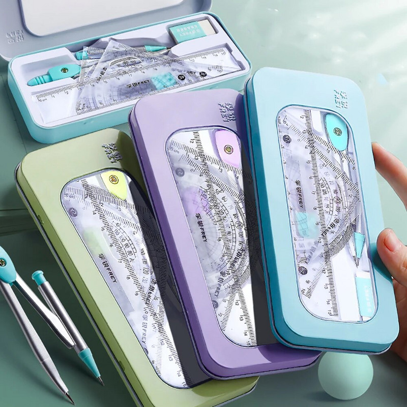 7 gab. Kompasa lineāls, matemātiskais komplekts, 3 krāsu mācību rīks bērniem, studentiem, dāvanas, rakstāmpiederumi, skola ģeometrija, matemātika, zīmēšana, mērīšana