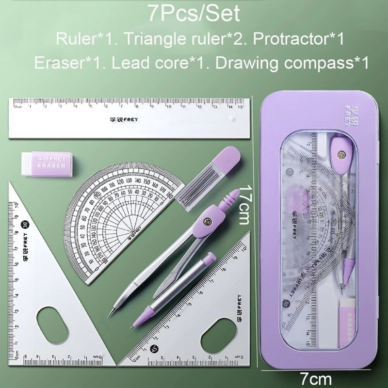 7 gab. Kompasa lineāls, matemātiskais komplekts, 3 krāsu mācību rīks bērniem, studentiem, dāvanas, rakstāmpiederumi, skola ģeometrija, matemātika, zīmēšana, mērīšana