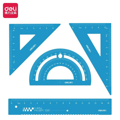 4 buc/set DELI VC115 set de rigle metalice geometrie matematică desen pătrat busolă papetărie rigle unghiulare pentru rechizite școlare