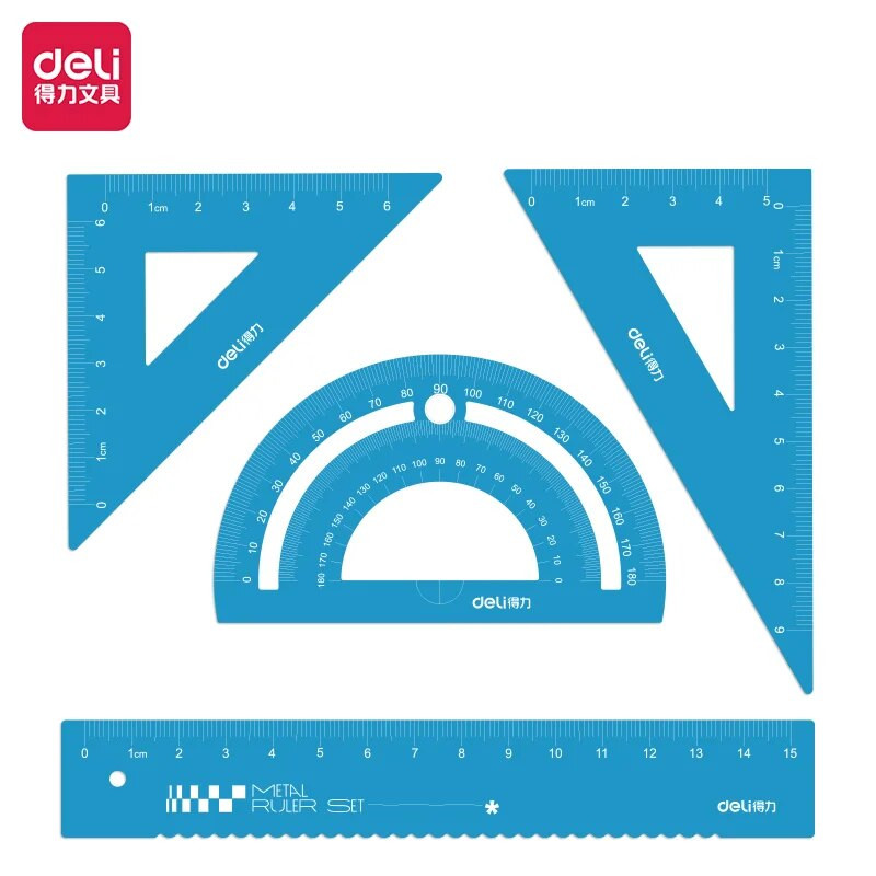 4Pcs/Set DELI VC115 Set metalnih ravnala Geometrija Matematika Kvadrat Crtanje Šestar Uredska kutna ravnala za školski pribor