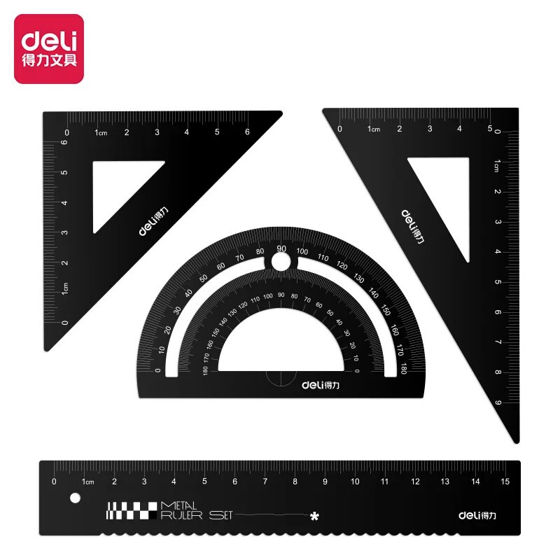 4Pcs/Set DELI VC115 Set metalnih ravnala Geometrija Matematika Kvadrat Crtanje Šestar Uredska kutna ravnala za školski pribor