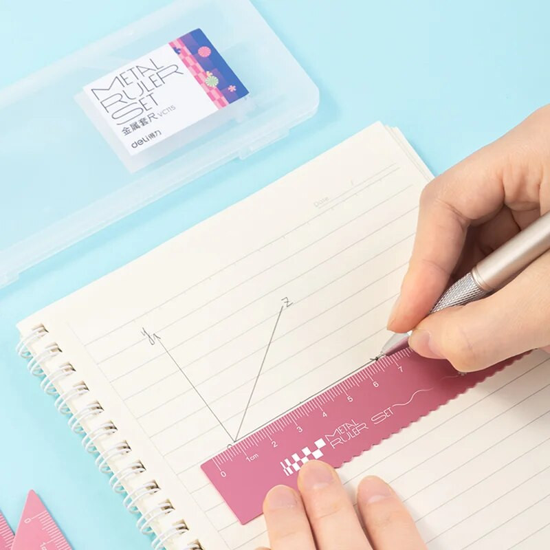 4Pcs/Set DELI VC115 Set metalnih ravnala Geometrija Matematika Kvadrat Crtanje Šestar Uredska kutna ravnala za školski pribor