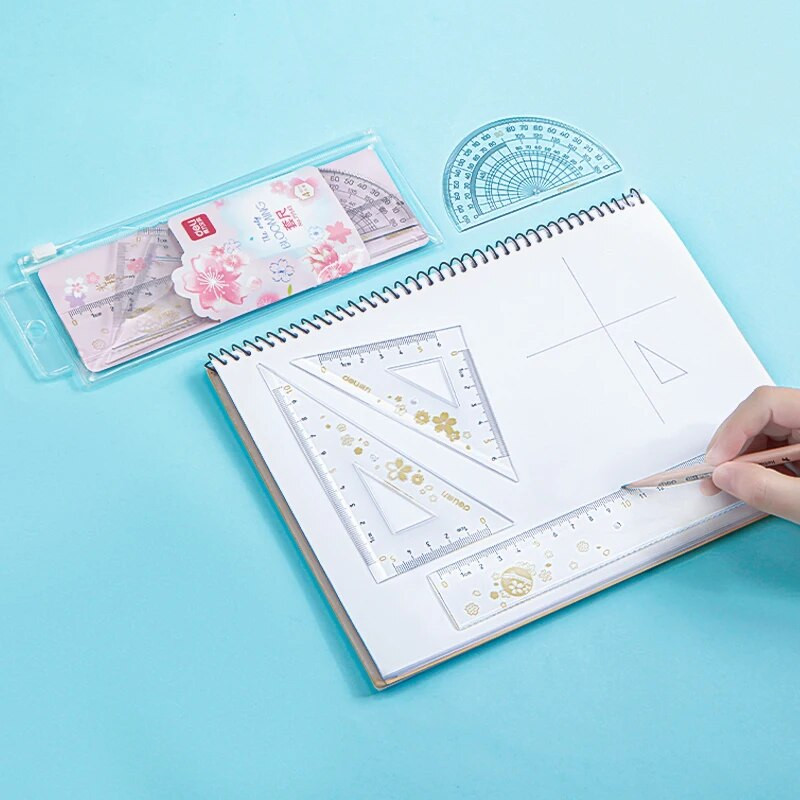 DELI lineālu komplekts alumīnija zīmēšanas lineāls 4 gab., komplekts skolas taisnajam lineālam trīsstūrveida transportiera kancelejas piederumiem skolas piederumi