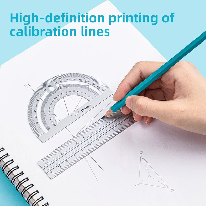 DELI lineālu komplekts alumīnija zīmēšanas lineāls 4 gab., komplekts skolas taisnajam lineālam trīsstūrveida transportiera kancelejas piederumiem skolas piederumi