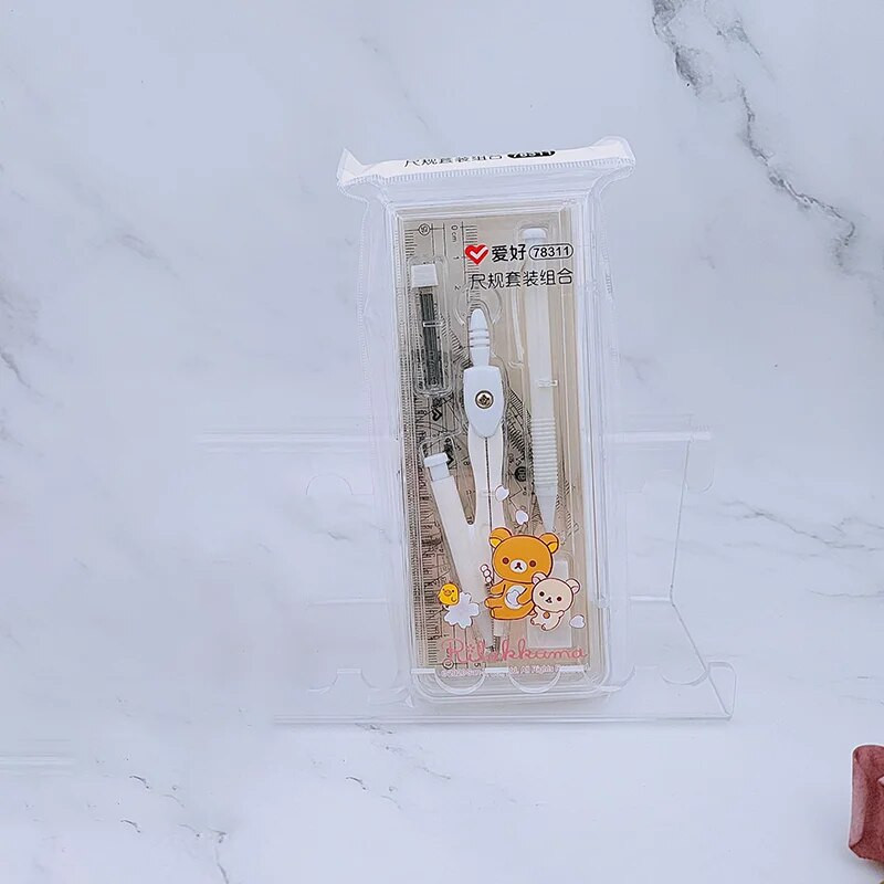 AIHAO 78311 Rilakkuma metāla kompasa lineāls, trīsstūra lineāls, skolas rakstāmpiederumi jaunāko klašu skolēniem