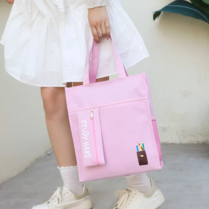 Uus Oxfordi riidest kahekihiline õppetasu kott Kunstlik kott Armas koomiksitrükiga õpilaste käeshoitav õppemaksukott