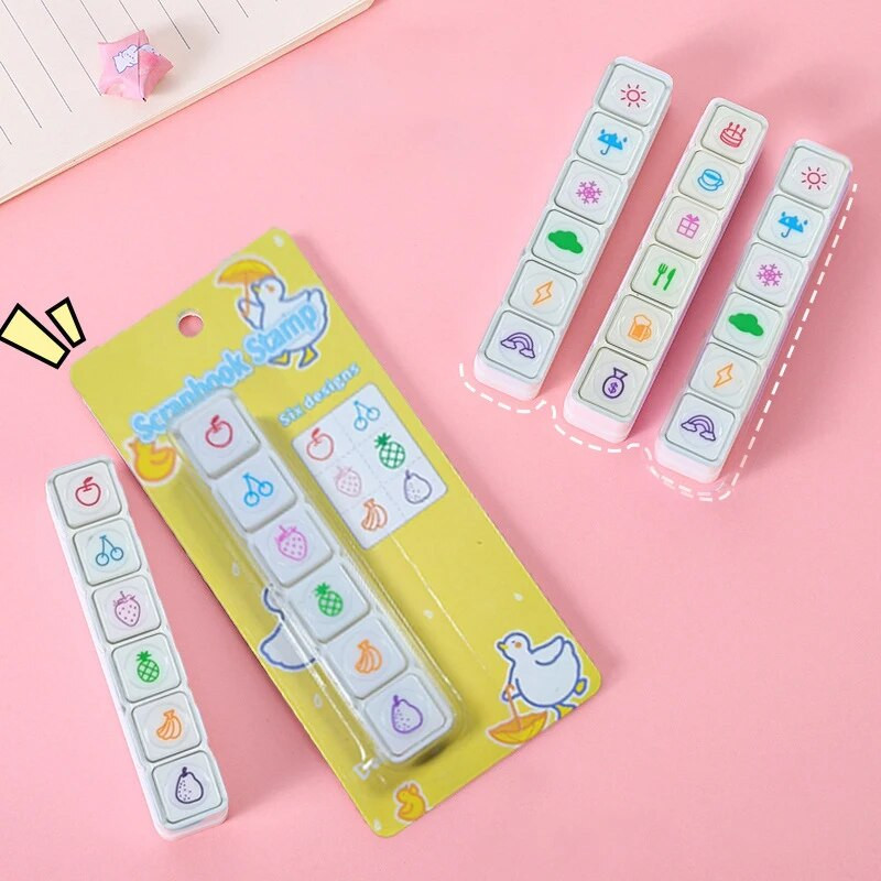 6 gab./komplektā Creative Self Ink Atlīdzības zīmogi Kawaii Press Tintes spilventiņu zīmogi, kas iedrošina bērnus, DIY mākslas amatniecības kancelejas preces biroja piederumi