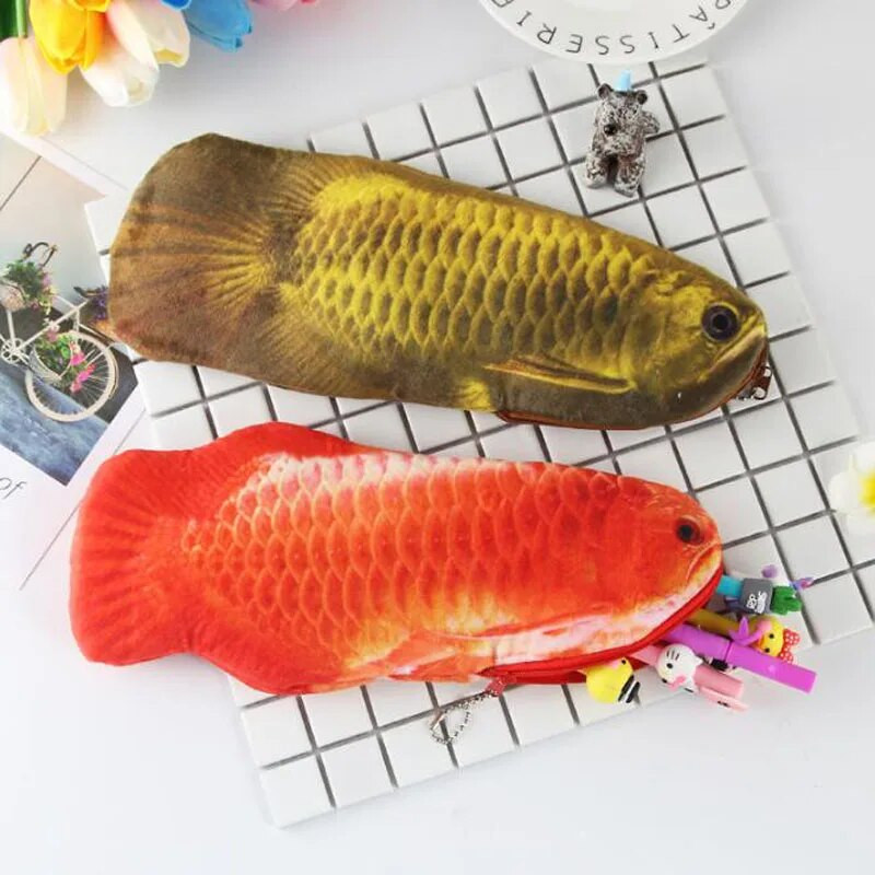 Penālis Fish 3D simulācija Gold Arowana plīša zīmuļu soma liela ietilpība rāvējslēdzēja kancelejas piederumu soma Radoša studentu kancelejas preces