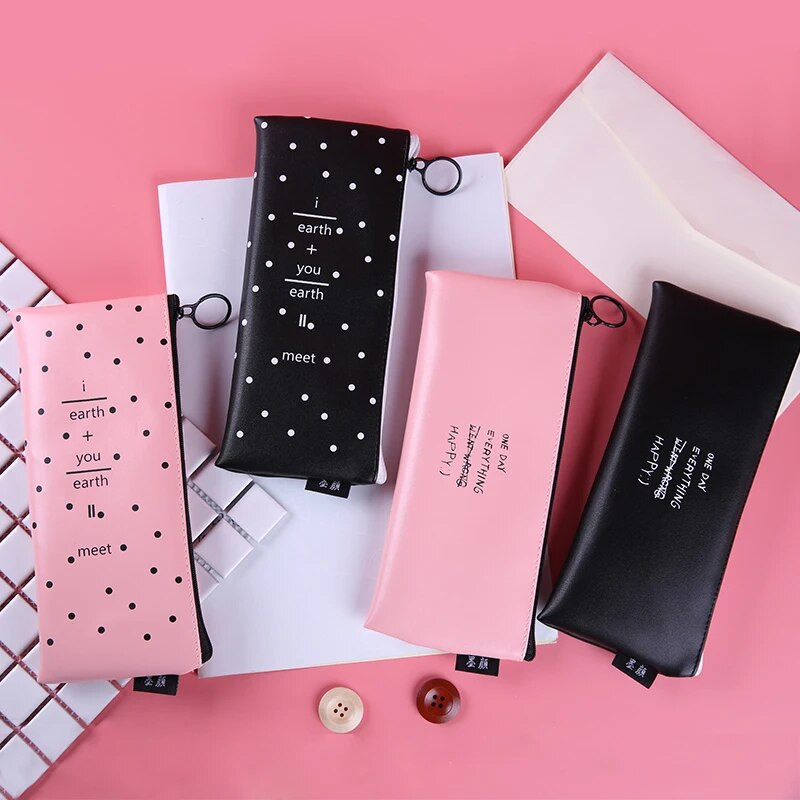 Mīlīgs rozā zīmuļu futrālis meitenēm Kawaii Black white Dot Pu ādas pildspalvu soma Kancelejas piederumu maciņš Biroja skolas piederumi Zakka escolar