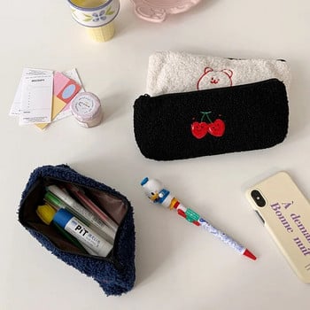 Сладка усмивка с бродерия Плюшен калъф за моливи Kawaii Канцеларски материали Проста чанта за моливи Чанта за ученически пособия Дете Детски подарък