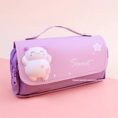 3D Kawaii zīmuļu futrālis Donut 3 slāņu pildspalvas maisiņš Cute Bear Ūdensizturīgs Ādas Estētiskais organizators Skolas piederumi Kancelejas piederumi