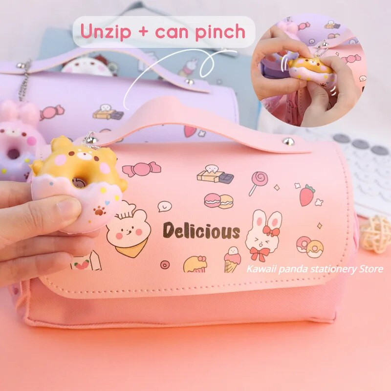 3D Kawaii zīmuļu futrālis Donut 3 slāņu pildspalvas maisiņš Cute Bear Ūdensizturīgs Ādas Estētiskais organizators Skolas piederumi Kancelejas piederumi