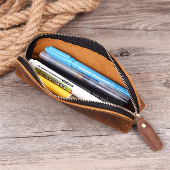 Ръчно изработена чанта за молив от естествена кожа Ретро семпла чанта за канцеларски материали Калъф за химикалка Чанта за съхранение Чанта за молив с цип Калъф за очила