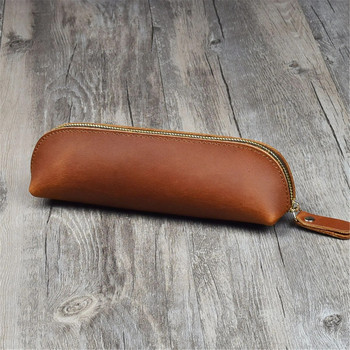 Χειροποίητη γνήσια δερμάτινη τσάντα μολυβιού ρετρό απλή θήκη για χαρτικά Θήκη για στυλό Τσάντα αποθήκευσης φερμουάρ Μολύβι Θήκη γυαλιών