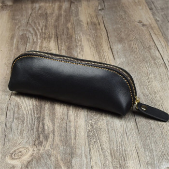 Ръчно изработена чанта за молив от естествена кожа Ретро семпла чанта за канцеларски материали Калъф за химикалка Чанта за съхранение Чанта за молив с цип Калъф за очила