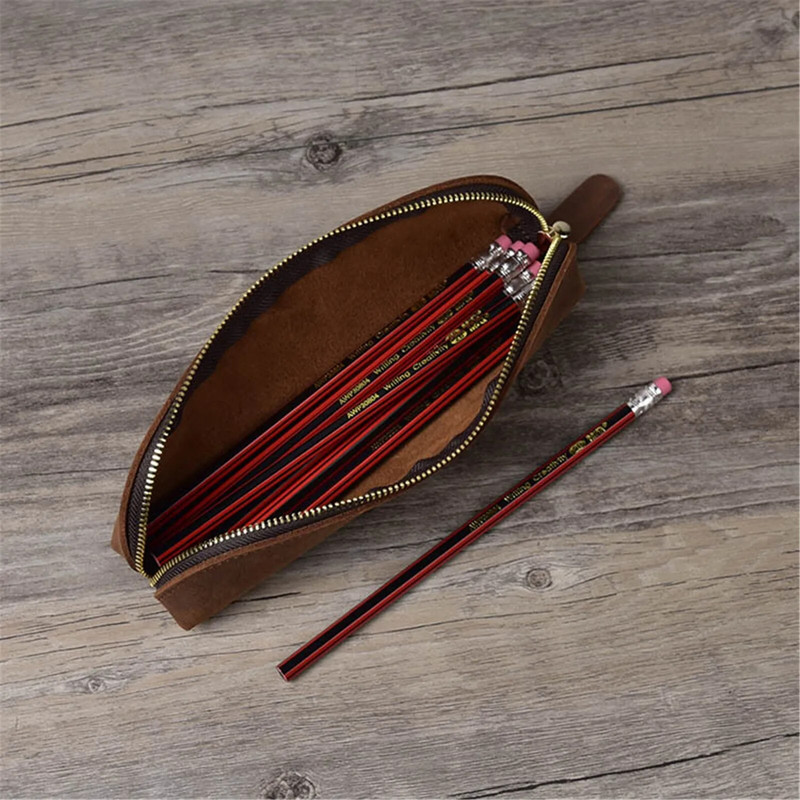 Χειροποίητη γνήσια δερμάτινη τσάντα μολυβιού ρετρό απλή θήκη για χαρτικά Θήκη για στυλό Τσάντα αποθήκευσης φερμουάρ Μολύβι Θήκη γυαλιών