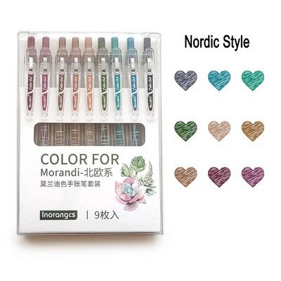 9 gab. Ievelkama Morandi krāsaina gēla tintes pildspalva ar 0,5 mm ložu uzgali, liela ietilpība, uzpilde biroja skola paraksta rakstāmpiederumi