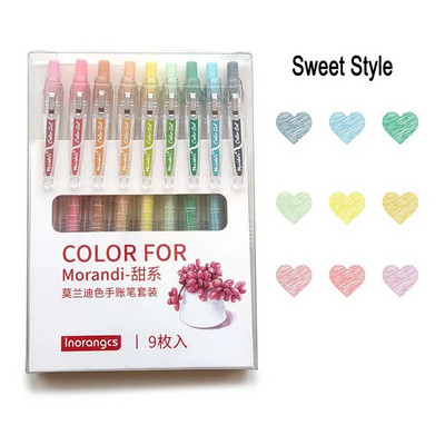 9 gab. Ievelkama Morandi krāsaina gēla tintes pildspalva ar 0,5 mm ložu uzgali, liela ietilpība, uzpilde biroja skola paraksta rakstāmpiederumi