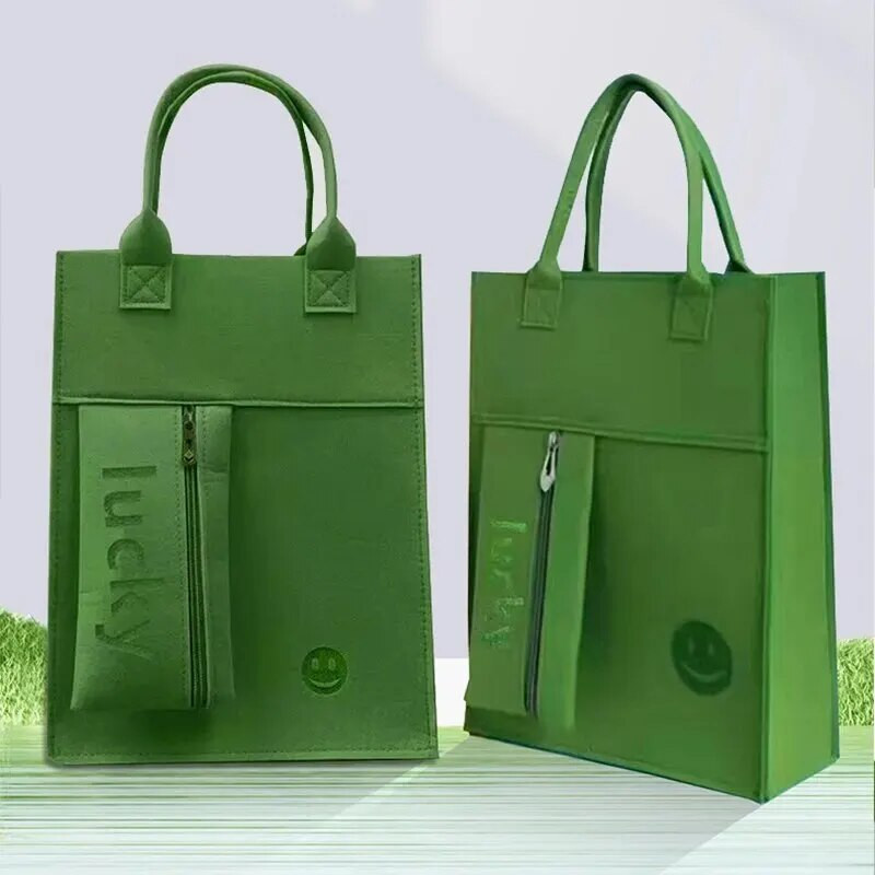 Jaunums, biezināts filcs vienkrāsains tote studentu rokassomiņai liela ietilpība atkārtoti lietojama iepirkšanās rokas rāvējslēdzējs A4 izmēra mācību soma