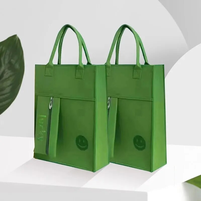 Jaunums, biezināts filcs vienkrāsains tote studentu rokassomiņai liela ietilpība atkārtoti lietojama iepirkšanās rokas rāvējslēdzējs A4 izmēra mācību soma