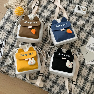 Canvas Bucket Bag Cute Drawstring Bag New Korean ins Shoulder Bag Hundred Students Bag Cell Phone Bag Summer Women`s Bag