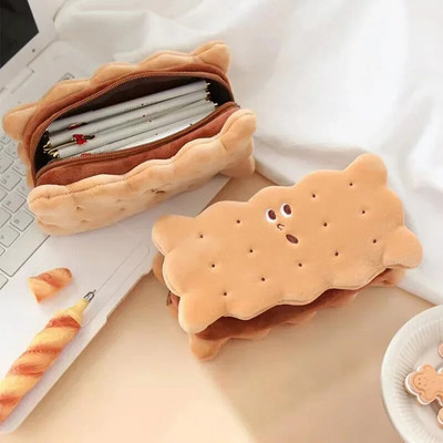Noutate amuzantă, cutie de creion pentru biscuiți, cutie de creion, de pluș de mare capacitate, rechizite școlare drăguțe pentru elevi de desene animate