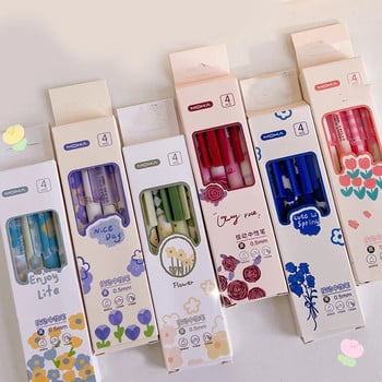 4Pcs/Lot Cute Retractable Gel Pens Set Korean Flower Print 0,5mm Μαύρο μελάνι στυλό Σχολικό Γραφείο Μαθητικό Γραφείο