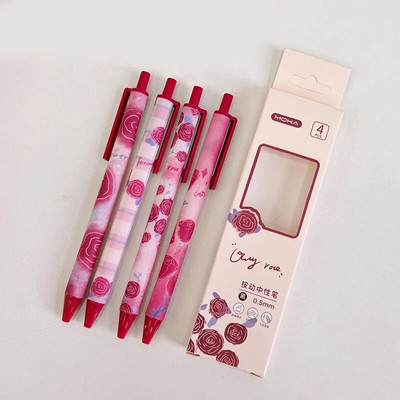 4gab/partija jauks izvelkamo gēla pildspalvu komplekts korejiešu ziedu apdrukai 0,5mm melnas tintes lodīšu pildspalva skolas biroja studentu kancelejas preces