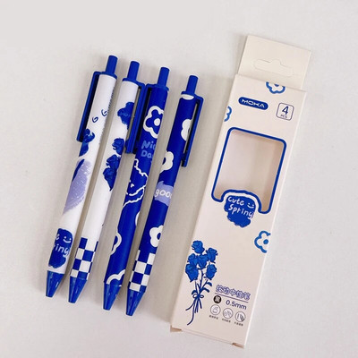 4gab/partija jauks izvelkamo gēla pildspalvu komplekts korejiešu ziedu apdrukai 0,5mm melnas tintes lodīšu pildspalva skolas biroja studentu kancelejas preces
