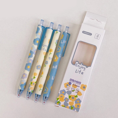 4gab/partija jauks izvelkamo gēla pildspalvu komplekts korejiešu ziedu apdrukai 0,5mm melnas tintes lodīšu pildspalva skolas biroja studentu kancelejas preces