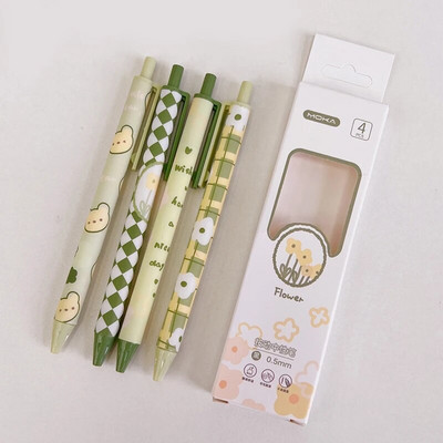 4gab/partija jauks izvelkamo gēla pildspalvu komplekts korejiešu ziedu apdrukai 0,5mm melnas tintes lodīšu pildspalva skolas biroja studentu kancelejas preces