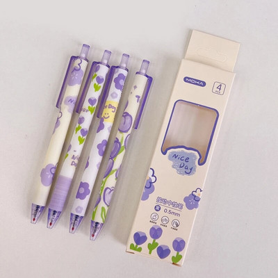 4gab/partija jauks izvelkamo gēla pildspalvu komplekts korejiešu ziedu apdrukai 0,5mm melnas tintes lodīšu pildspalva skolas biroja studentu kancelejas preces