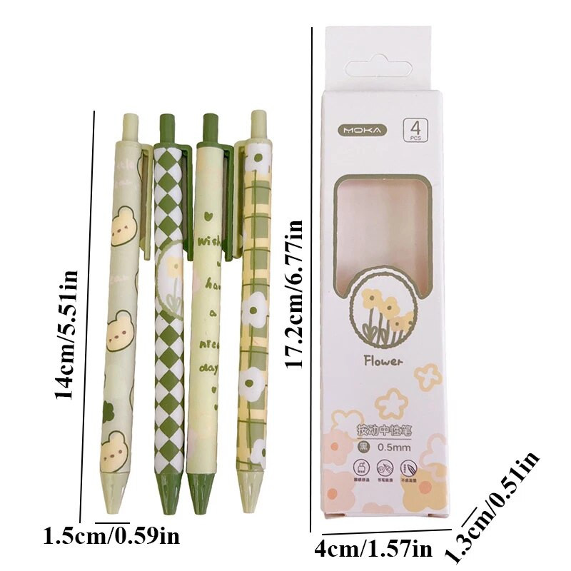 4gab/partija jauks izvelkamo gēla pildspalvu komplekts korejiešu ziedu apdrukai 0,5mm melnas tintes lodīšu pildspalva skolas biroja studentu kancelejas preces