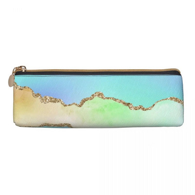 Elegants zils rozā Ombre ādas zīmuļu futrālis varavīksnes mirdzoša druka Forša rāvējslēdzēja zīmuļu kastīte Skolas pusaudžu trīsstūra pildspalvu soma