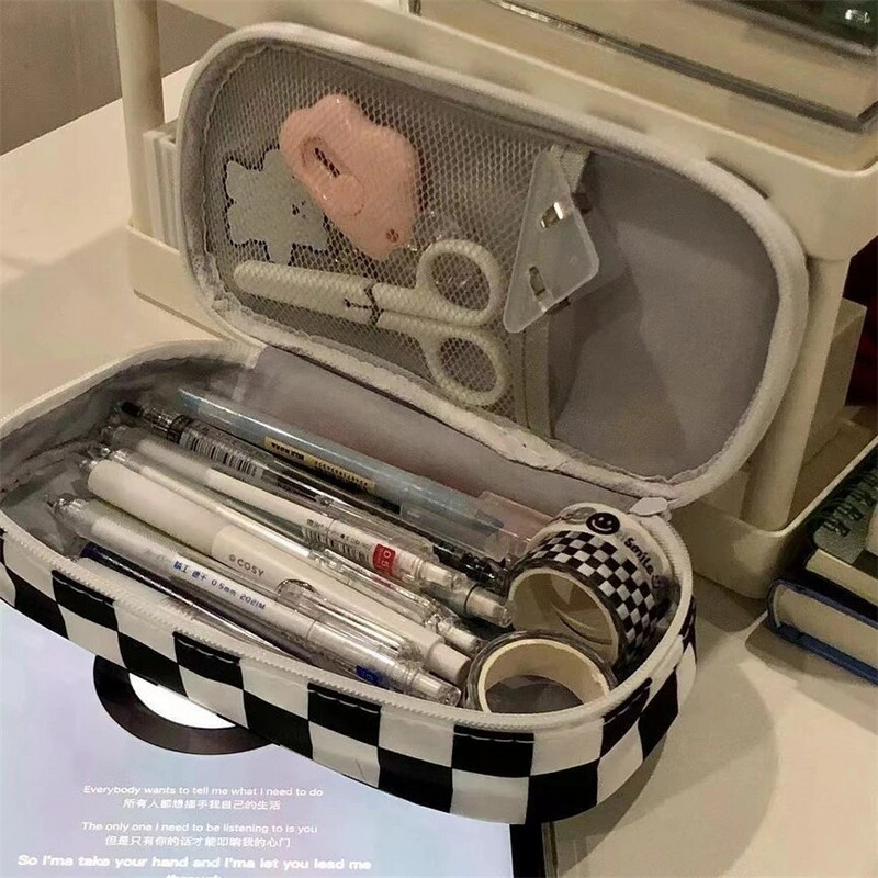 Kawaii Penāļi Trousse Estētiskās kancelejas preces Estuches Fundas Pencils Estojo šaha borta režģa futrāļi Soma Estuche Escolares