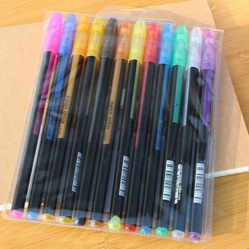 12 tk/komplekti geelpliiatsi komplekt Säravad geelpliiatsid Värvid Kunst isetegemise tint Scrapbooking joonistuspliiatsid kooli kontorisse täiskasvanutele värvimiseks