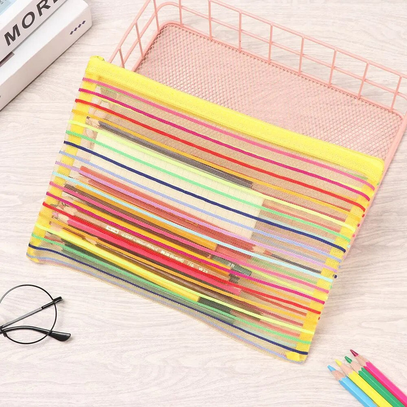 Paprastas vaivorykštės spalvos tinklinis dokumentų krepšys Daugiaspalvis raštinės reikmenų krepšys su užtrauktuku Nailoninis krepšys pieštukų dėklas Biuro mokykliniai reikmenys