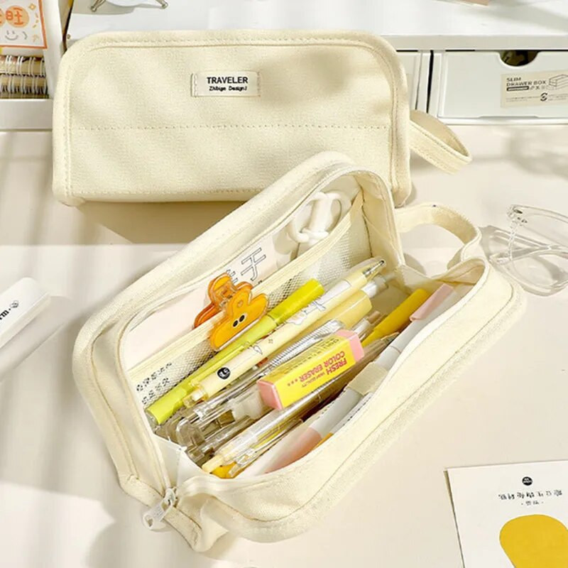 Vienkrāsu zīmuļu futrālis Vienkāršība Radošs bēšs zaļš dzeltens zīmuļu maisiņš Lielas ietilpības kancelejas piederumu uzglabāšanas soma Studentu piederumi
