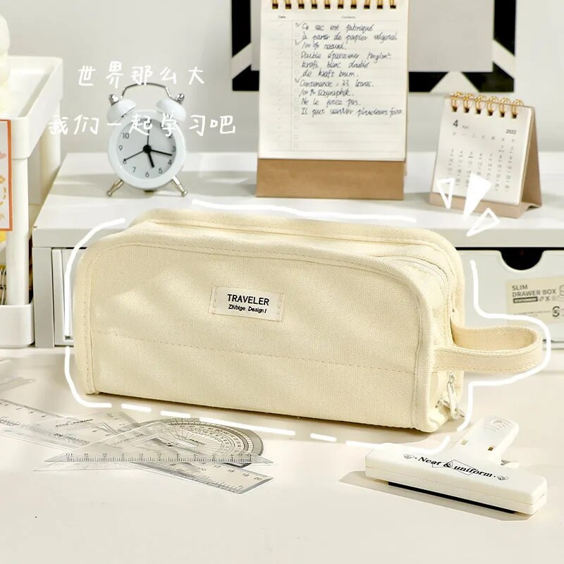 Vienkrāsu zīmuļu futrālis Vienkāršība Radošs bēšs zaļš dzeltens zīmuļu maisiņš Lielas ietilpības kancelejas piederumu uzglabāšanas soma Studentu piederumi