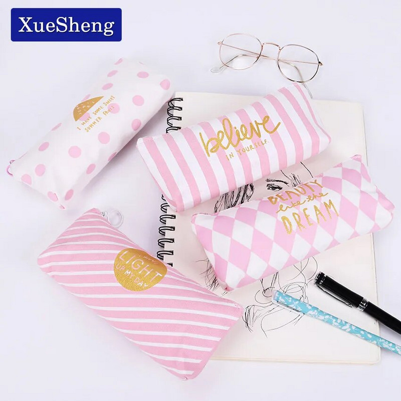 Jauns svaigs rozā svītru futrālis jauks audekla zīmuļu soma Skolas piederumi kancelejas piederumu materiāls Escolar zīmuļu futrālis